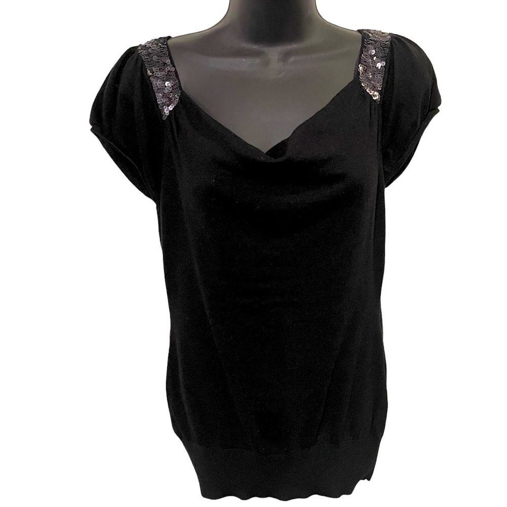 Boatneck soft cowl cashmere blend short cap sleeve sequins sweater in rich black